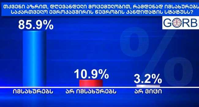 GORBI: რესპოდენტთა 85,9% მიიჩნევს, რომ საქართველო ევროკავშირის წევრობის კანდიდატის სტატუსს იმსახურებს